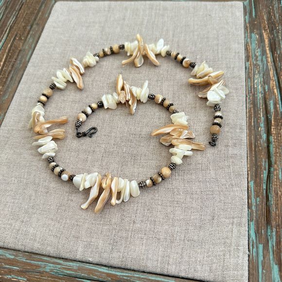 Vintage Mother of Pearl Stick Necklace Sterling Silver Clasp & Beads 21" - Picture 8 of 10